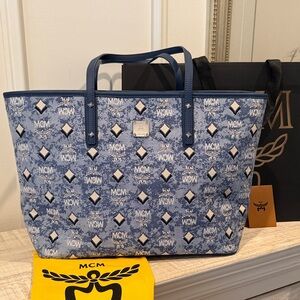 MCM Blue Denim Visetos Shopper Zipper Top Tote NWT, w/ Dustbag & Shopping Bag